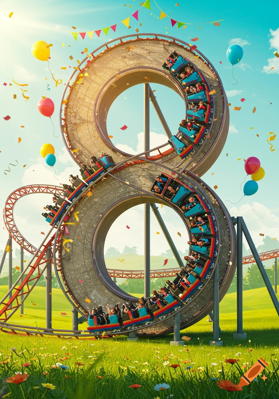 A vibrant 3D rendering of a roller coaster shaped like the number 8, with riders, balloons, and confetti in a sunny grassy field.