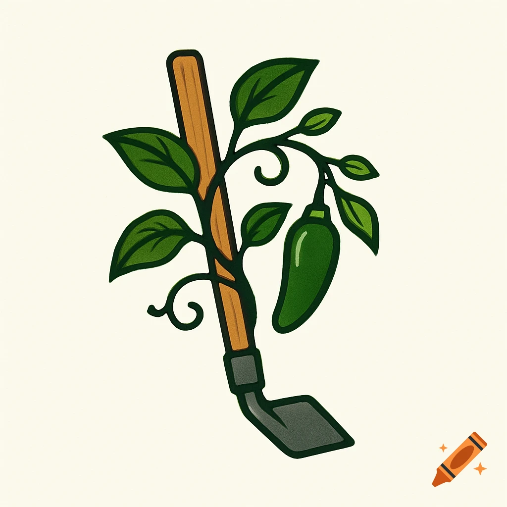 Stylized illustration of a gardening hoe with a green jalapeno vine wrapped around it on a light background.
