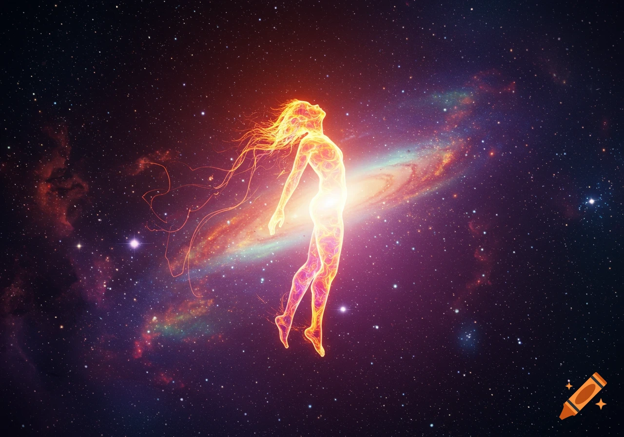 An ethereal, glowing human-like figure with fiery hair floats in the vast cosmic expanse, surrounded by stars and a spiral galaxy.