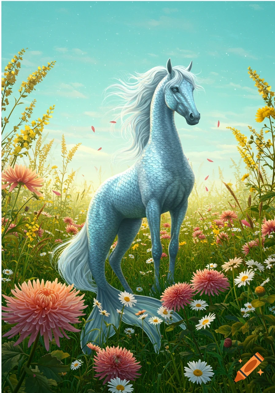 A blue horse-mermaid creature with white hair stands in a vibrant meadow filled with daisies and chrysanthemums under a clear sky.