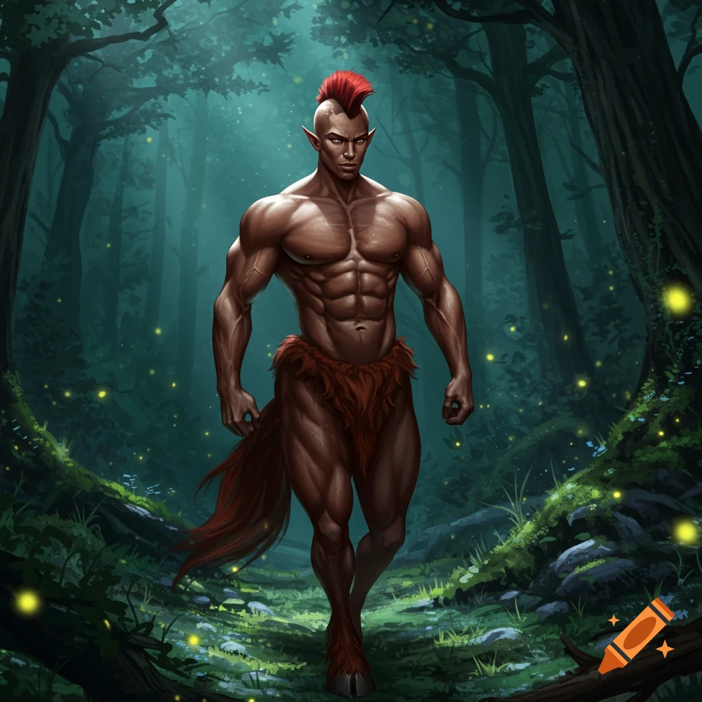 A muscular male centaur with a red mohawk walks through a mystical, dark green forest with glowing fireflies.