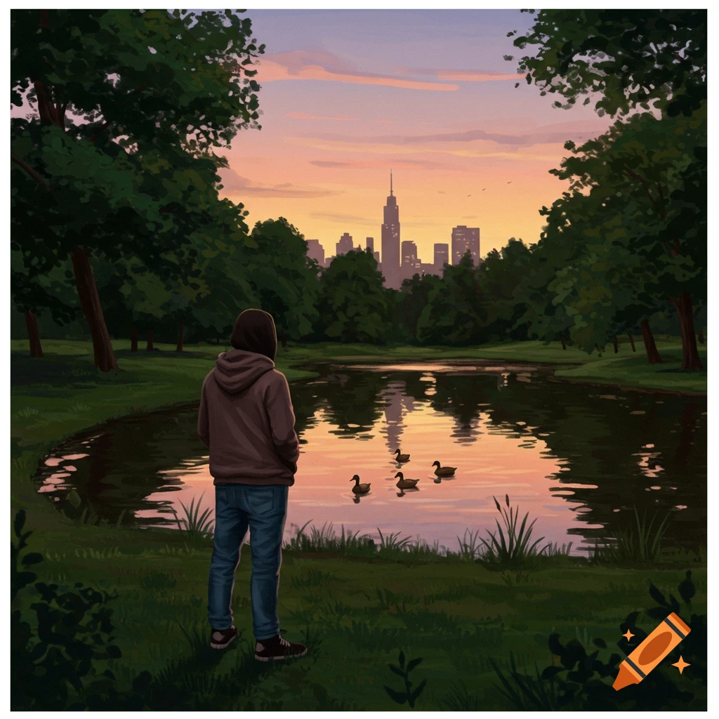 Illustrative scene of a person standing by a pond, looking at a city skyline at sunset with ducks in the water.