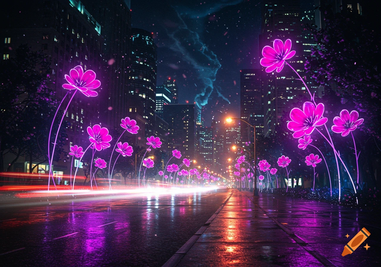 A vibrant night cityscape with a street lined with glowing pink neon flowers and light trails from cars.
