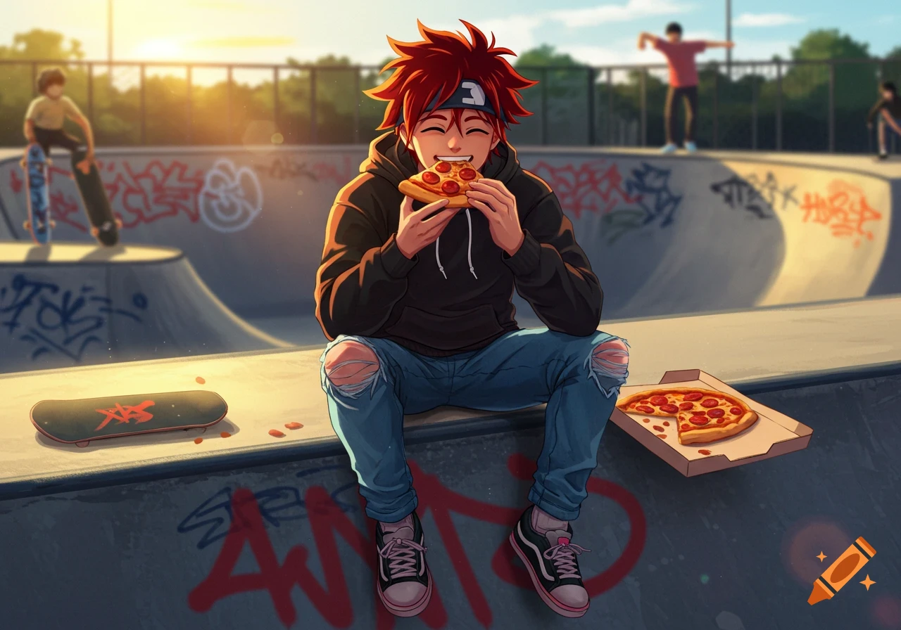 An anime boy with red hair and a headband sits at a skatepark, smiling and eating a slice of pepperoni pizza.