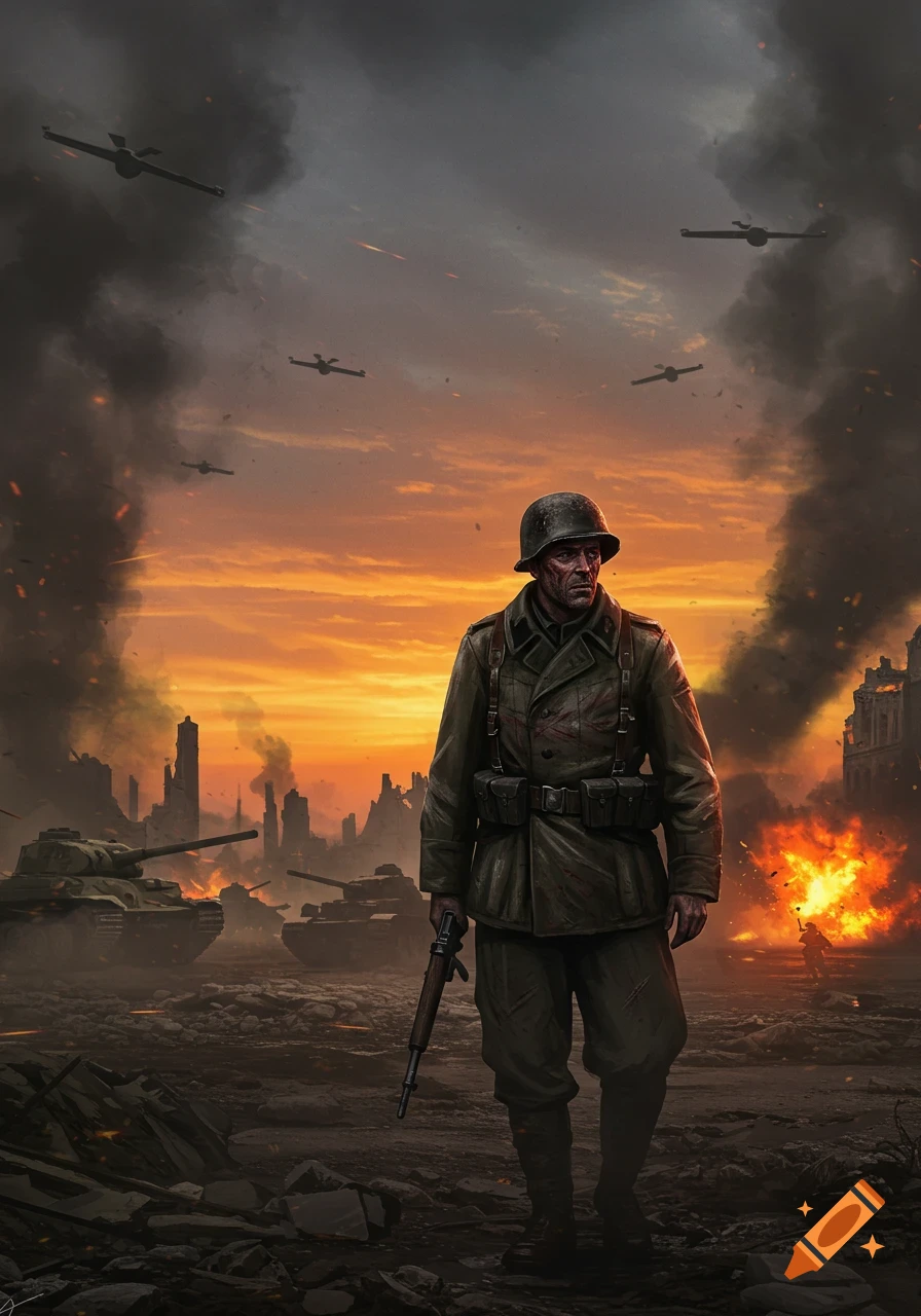 An illustrated soldier stands in a destroyed city at sunset with tanks, smoke, and planes in the sky.