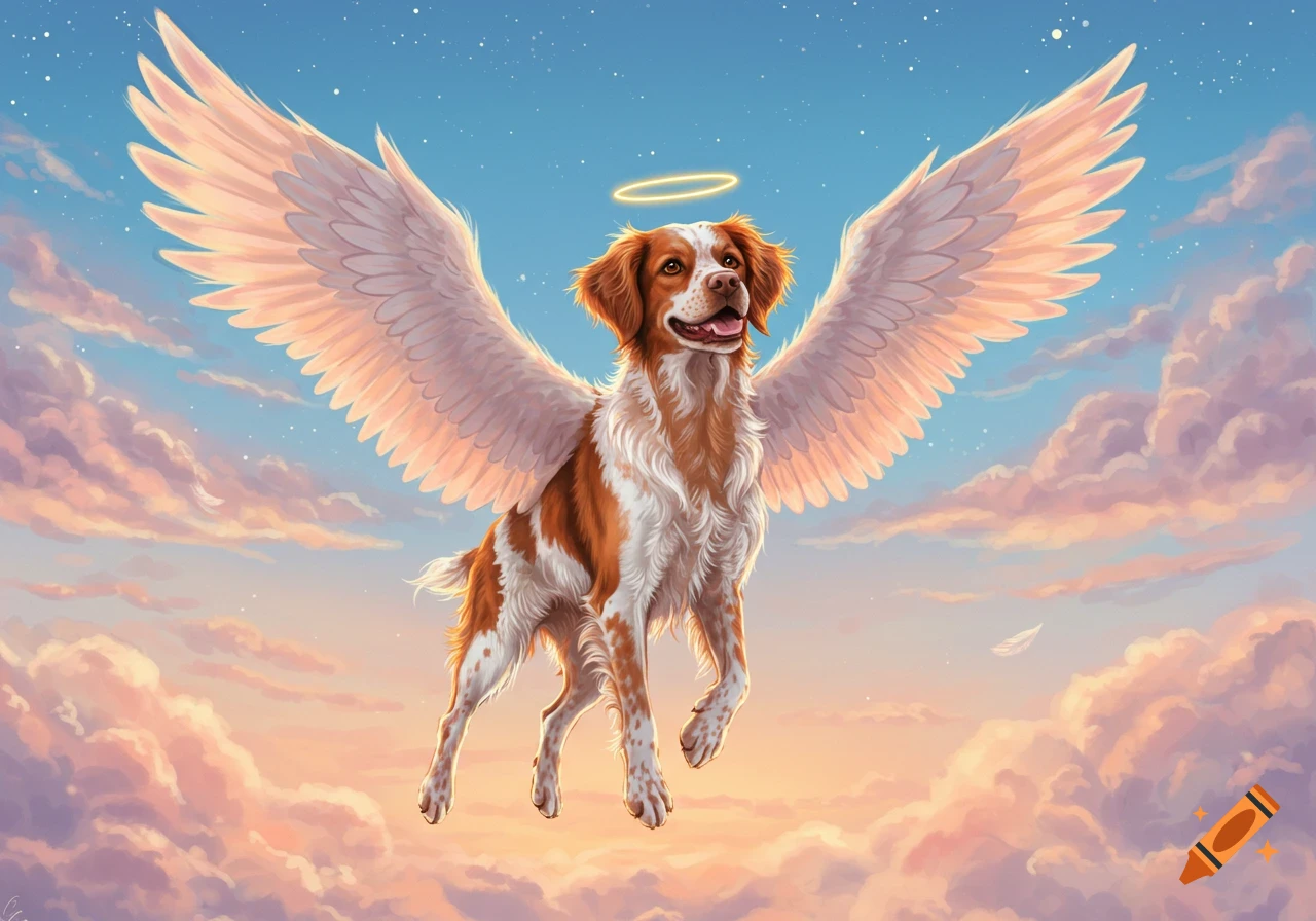 A Brittany dog with white and brown fur, angel wings, and a halo floats happily in a bright sky with pink and purple clouds.