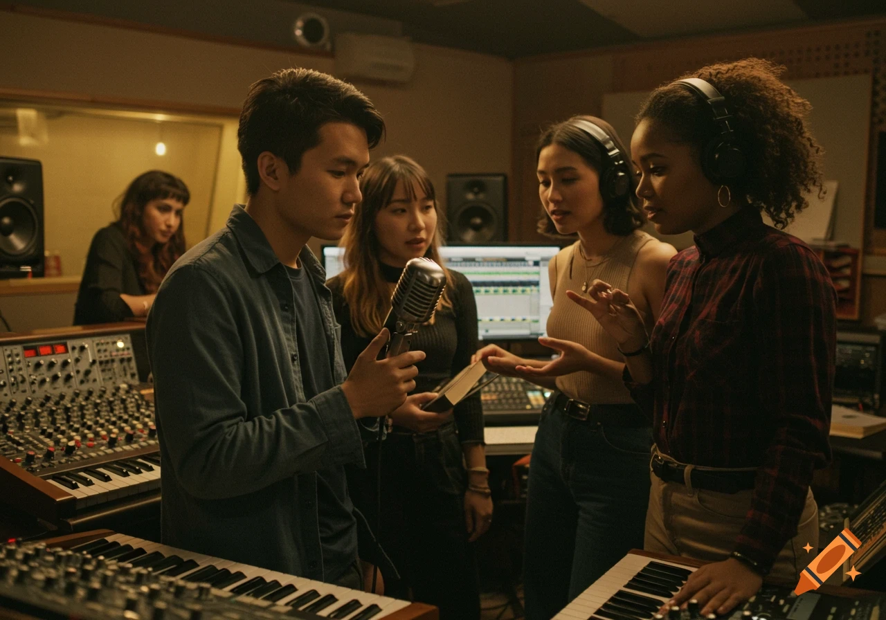 A group of diverse young musicians working together in a recording studio, surrounded by synthesizers and audio equipment.