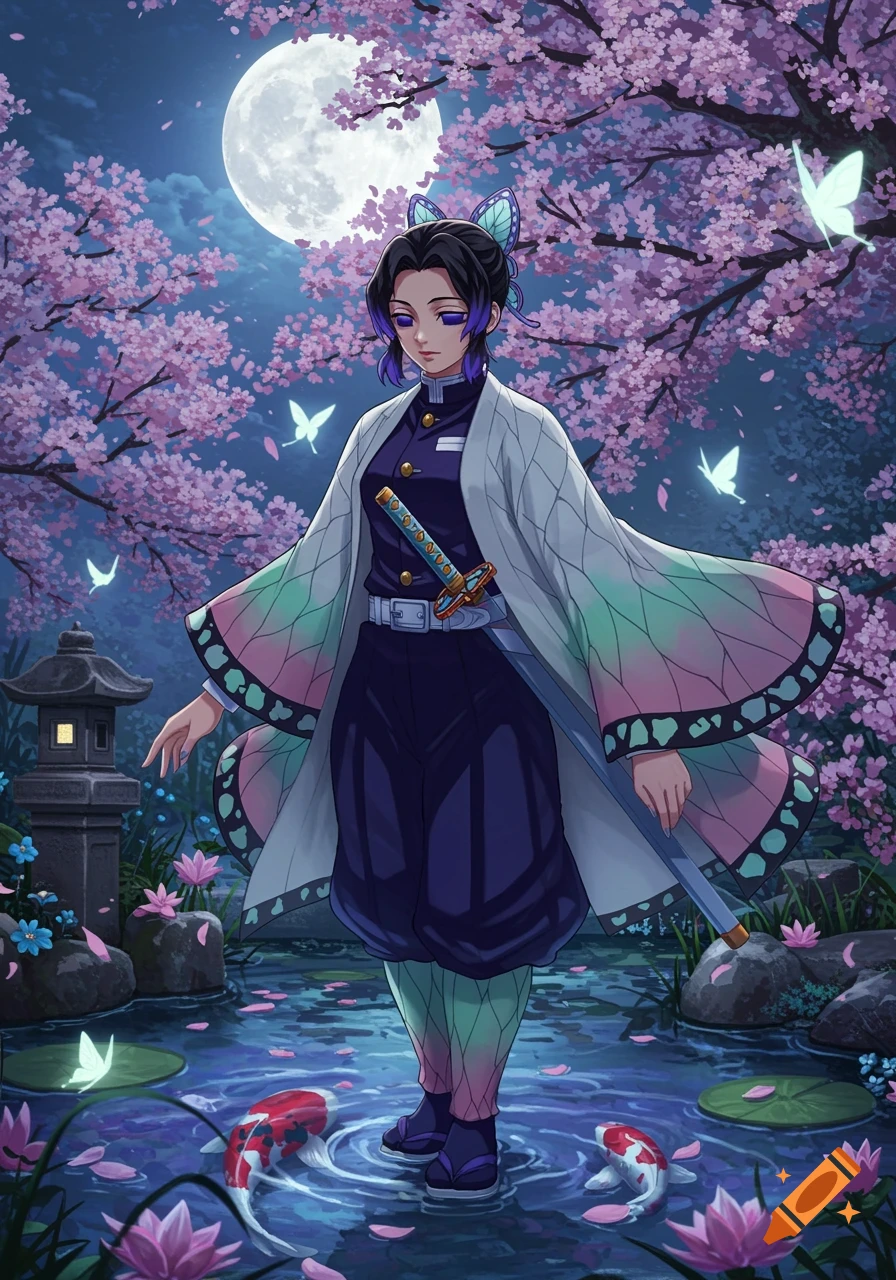 Anime character Shinobu standing in a moonlit pond with koi fish and cherry blossoms.