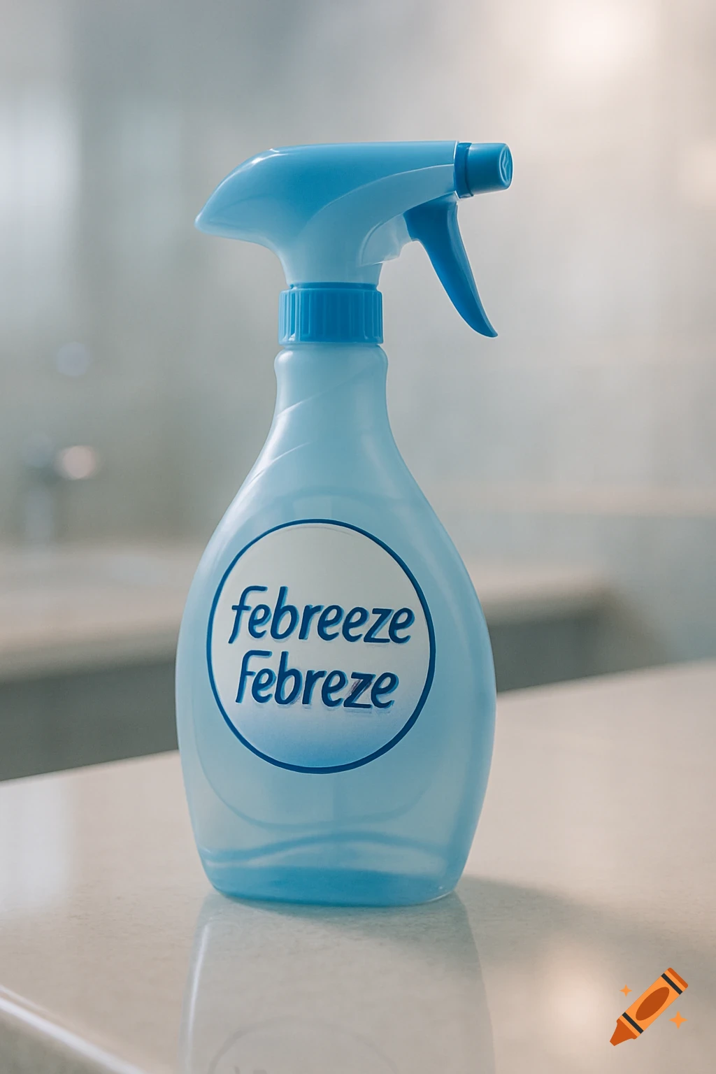 A light blue Febreze spray bottle with 'febreeze' and 'Febreze' on its label, sitting on a counter.
