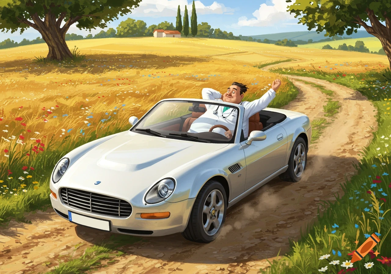 A cartoon doctor in a white lab coat happily drives a silver convertible car on a dirt road through a sunny golden field.