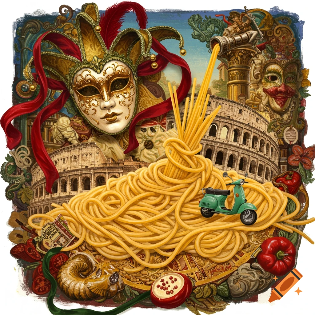 An elaborate illustration featuring Italian cultural symbols: a gold and red Venetian mask, the Colosseum, a large pile of spaghetti, and a green Vespa scooter.