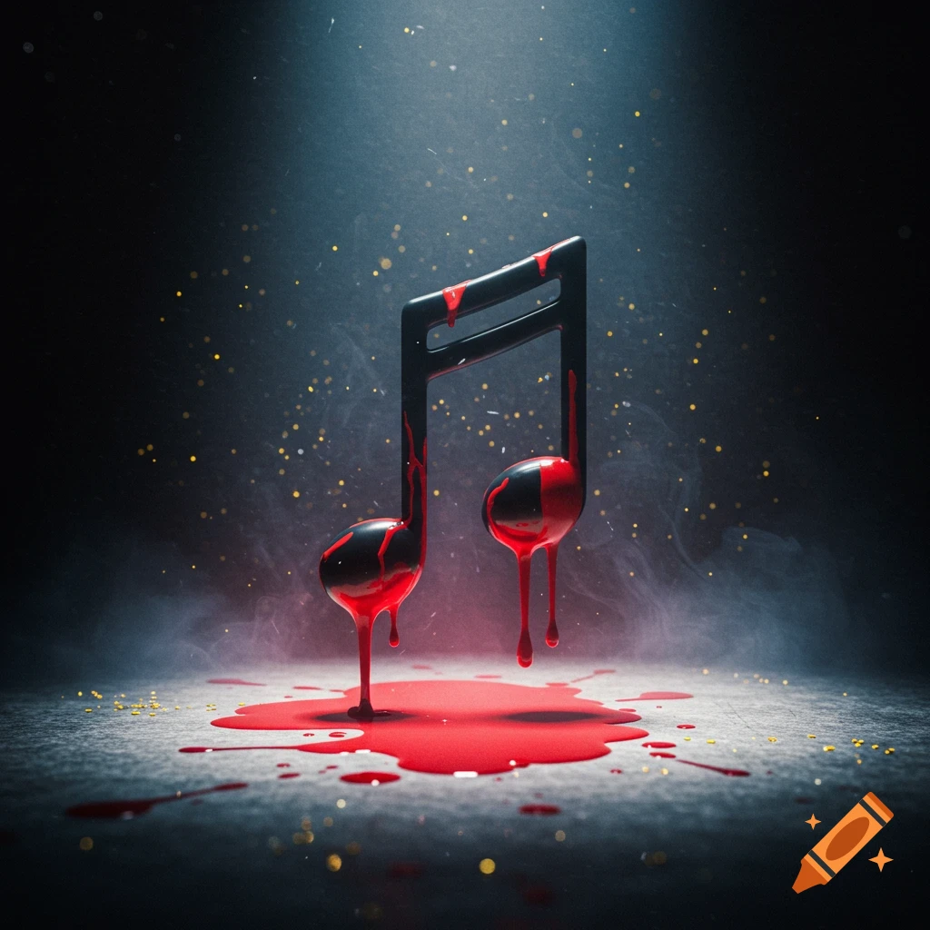 A black music note bleeds red liquid onto a dark, smoky floor, surrounded by golden sparkles.