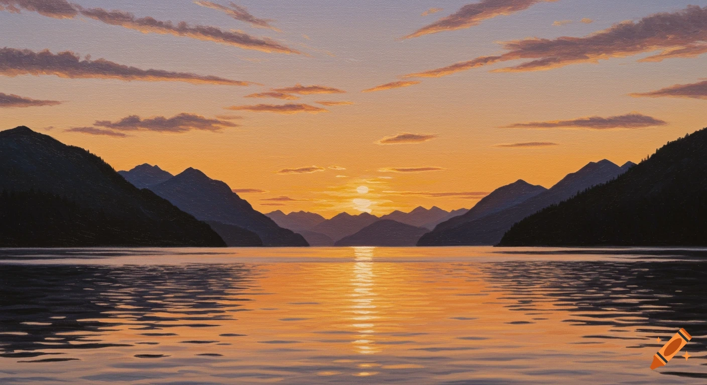 A vibrant sunset over a calm body of water, flanked by dark silhouetted mountains, in a painterly style.