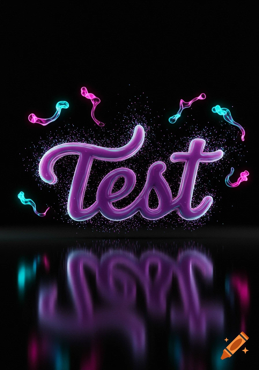 Glowing purple cursive text 'Test' with neon pink and blue swirls and a reflective surface on a black background.