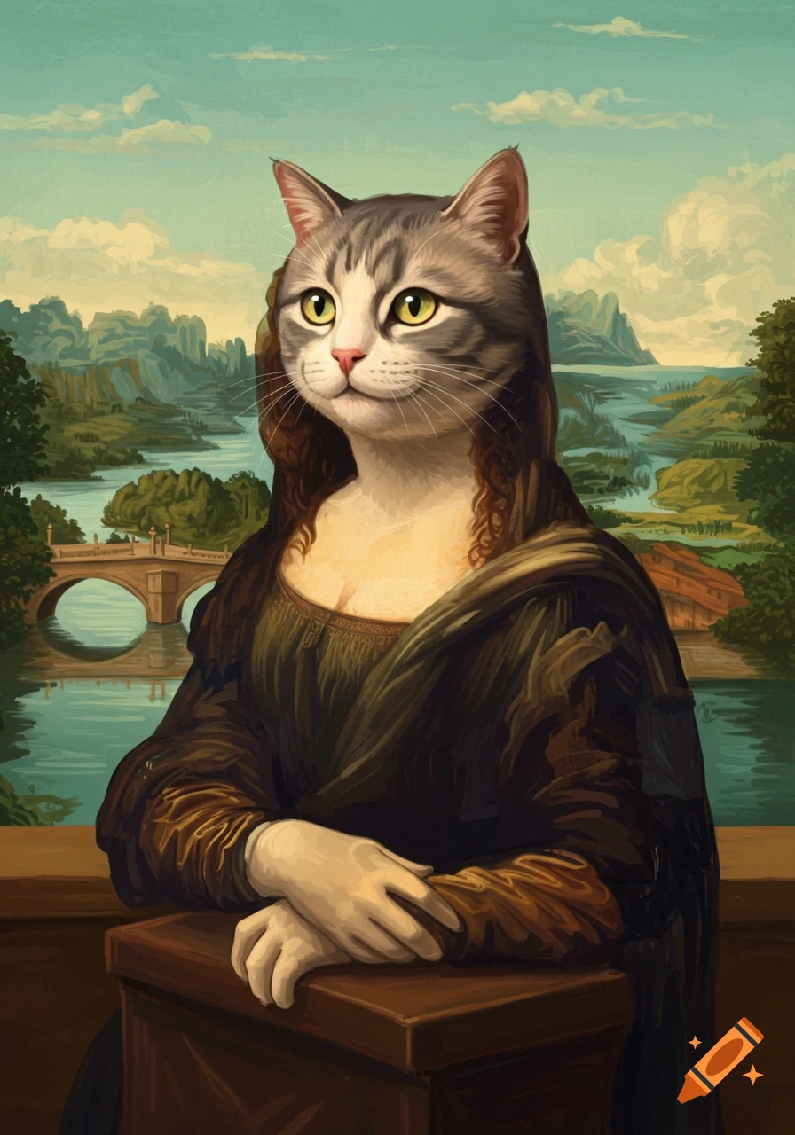 A painting of a grey tabby cat's head on the Mona Lisa's body, set against a classical landscape background.