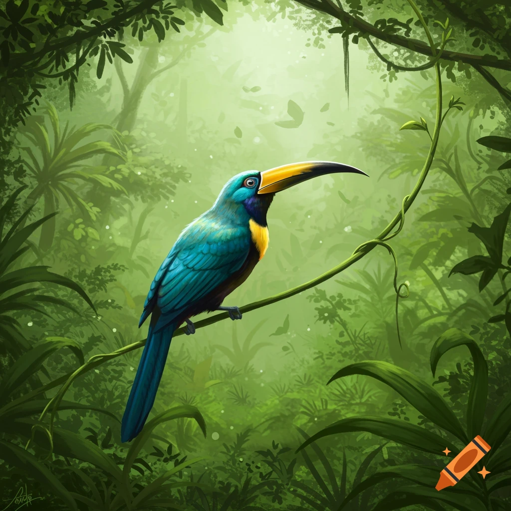 A vibrant blue and yellow bird with a long, curved yellow beak perches on a vine in a lush, green jungle with light filtering through the canopy.