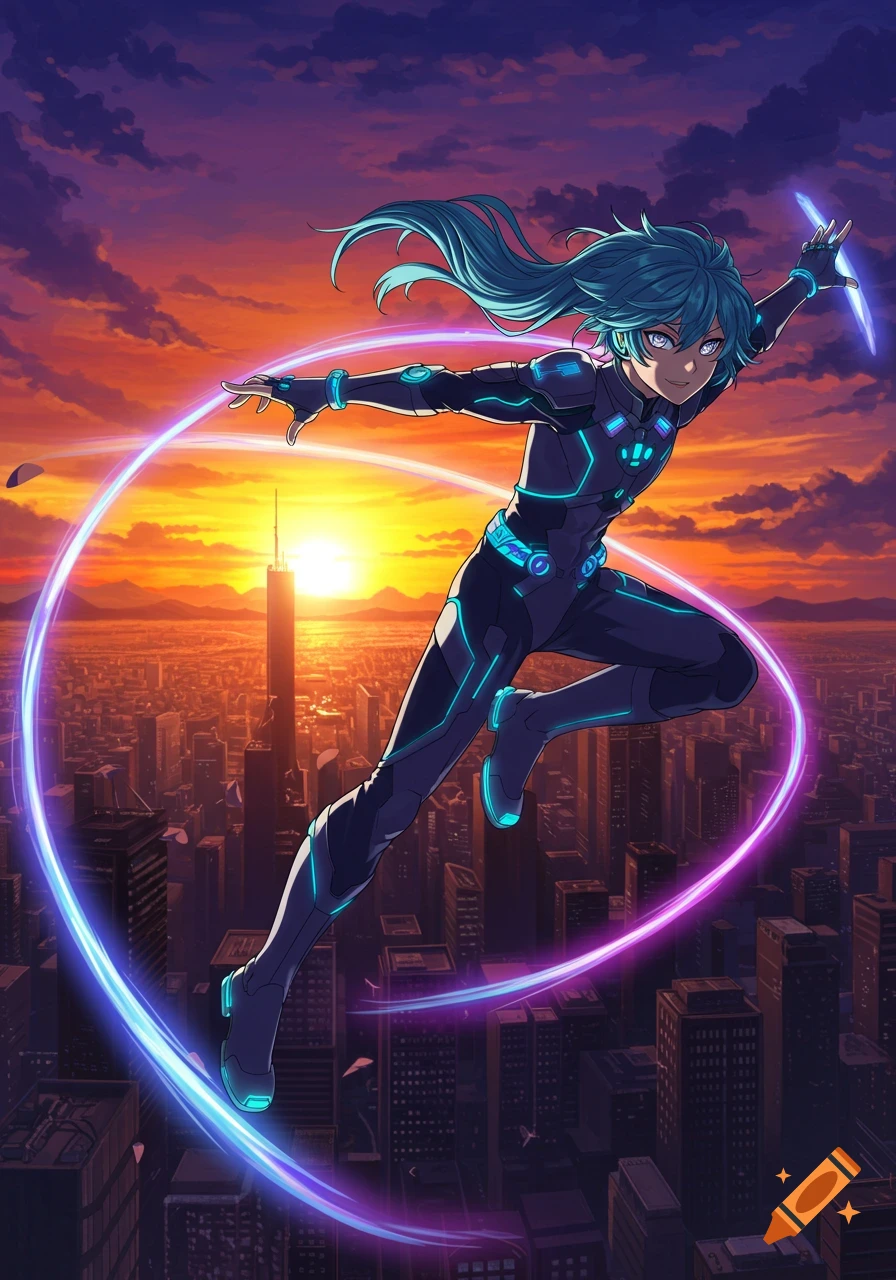 An anime character with blue hair in a black futuristic suit with neon lines jumps over a city at sunset, surrounded by glowing rings.