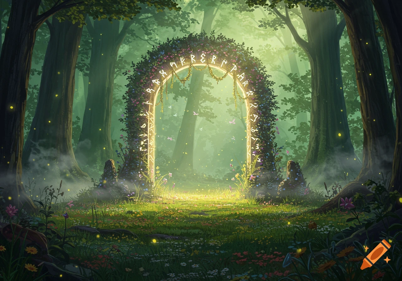 A vibrant, magical arch covered in flowers and glowing runes stands in a lush, misty forest with fireflies, in a fantasy art style.