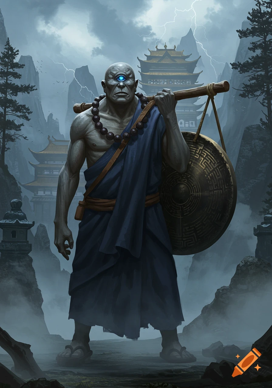 A bald, grey-skinned cyclops monk with a glowing blue eye, wearing dark blue robes and prayer beads, carries a staff and a large circular gong with a maze pattern. He stands in a misty, mountainous landscape with Asian-style temples under a stormy sky.