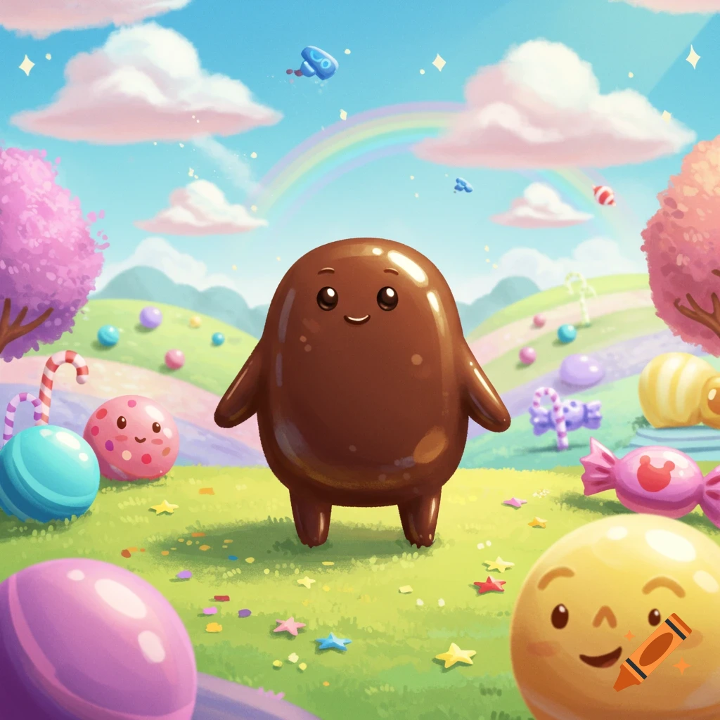 A cute, brown, blob-like character stands in a vibrant cartoon candy land with lollipops, candies, and a rainbow.