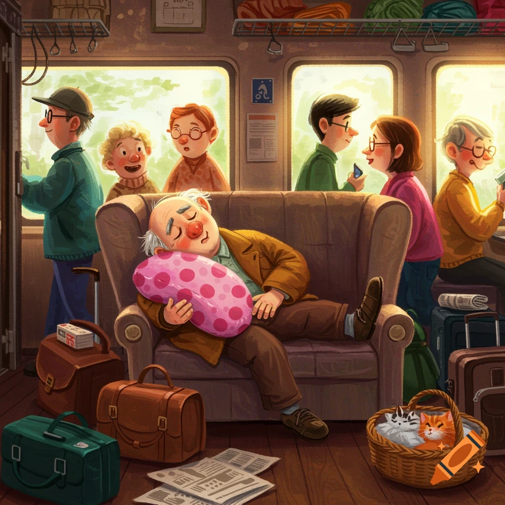 An old man sleeps on a couch in a train compartment, hugging a pink polka-dot pillow. Other passengers are nearby, and a basket of kittens sits on the floor.