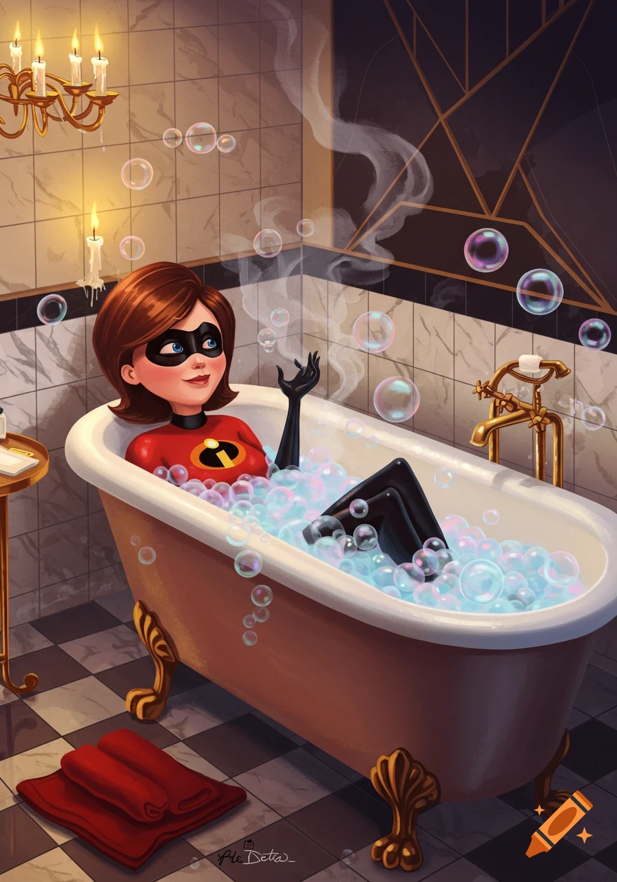 Mrs. Incredible in her superhero suit taking a bubble bath in a stylized bathroom with a chandelier.