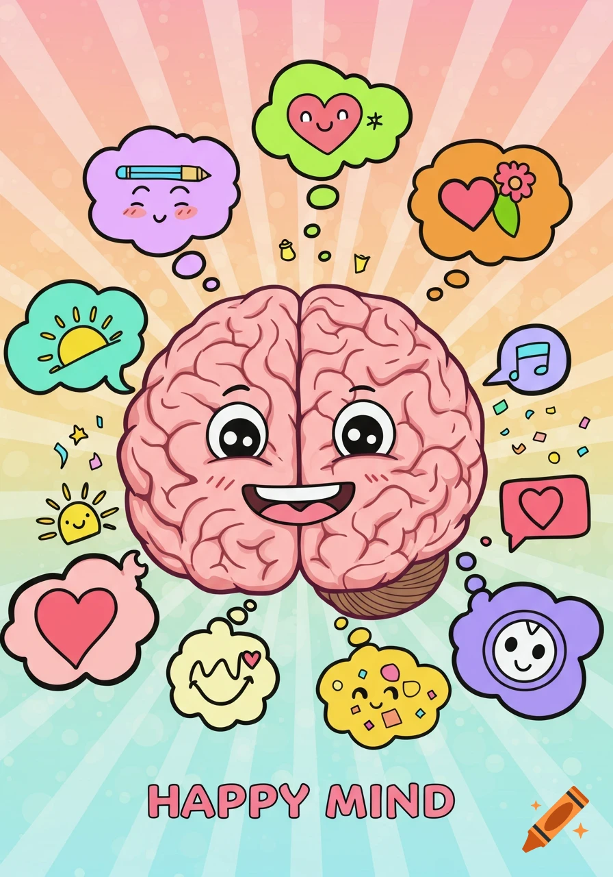 A colorful cartoon illustration of a smiling brain surrounded by thought bubbles containing cheerful images like hearts, a sun, a pencil, and music notes, with 'HAPPY MIND' text below.