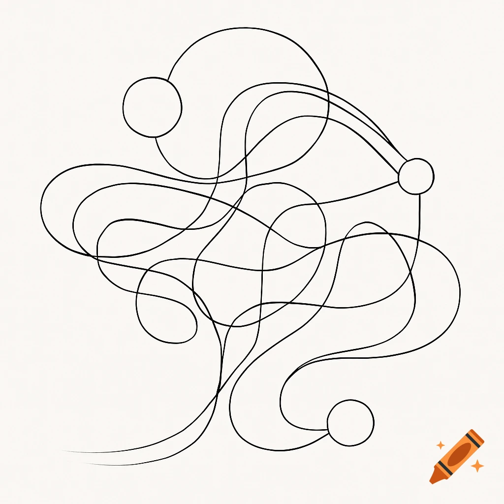 Abstract black line art of intertwined wavy lines connecting three circles on a white background.