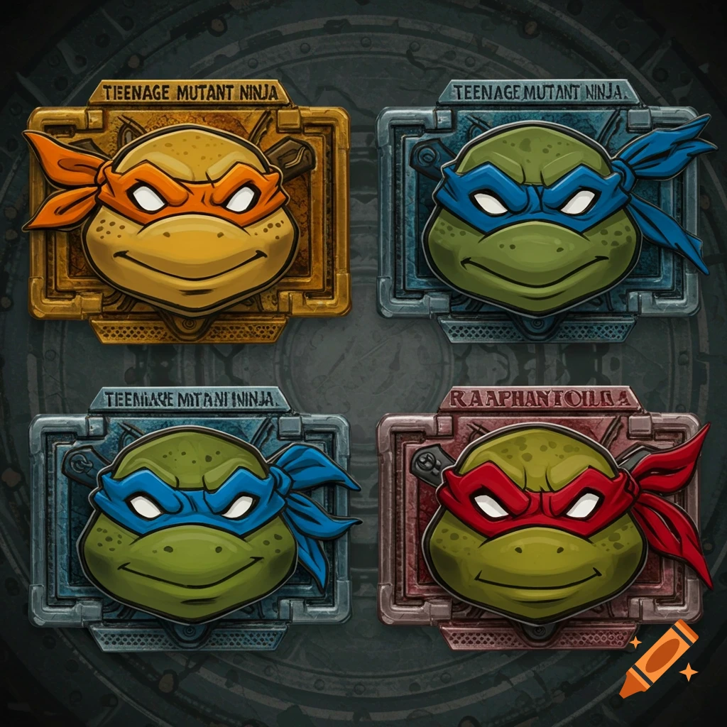 Four stylized cartoon turtle heads (Teenage Mutant Ninja Turtles) with orange, blue, and red masks depicted as ornate belt buckles on a dark metallic background.