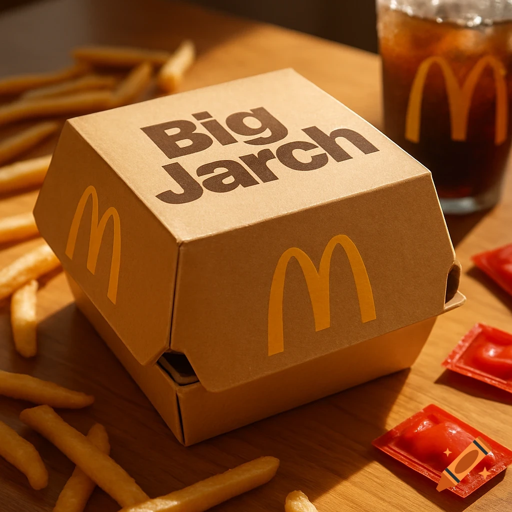 A photorealistic image of a McDonald's Big Jarch burger box surrounded by fries, with a soda and ketchup packets.