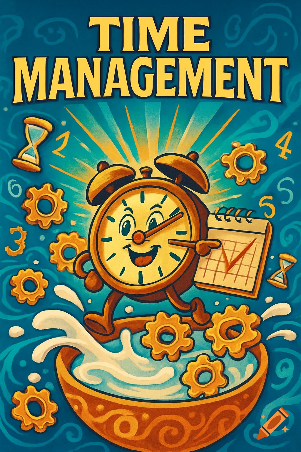 Happy cartoon alarm clock runs in a bowl of milk with gears and calendar. Text reads 'TIME MANAGEMENT'.