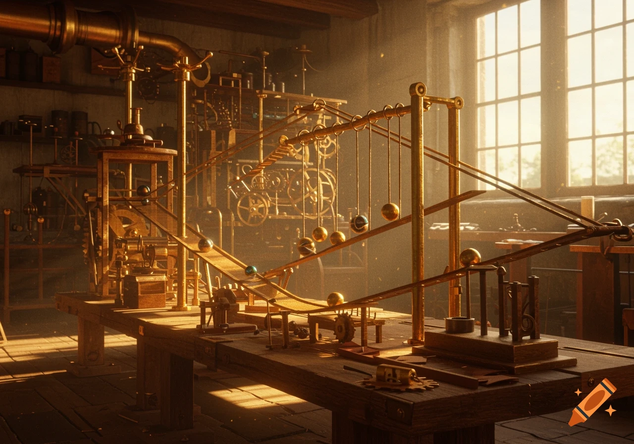 Elaborate golden steampunk kinetic machine on a wooden workbench in a sunlit workshop, with gears and tools.
