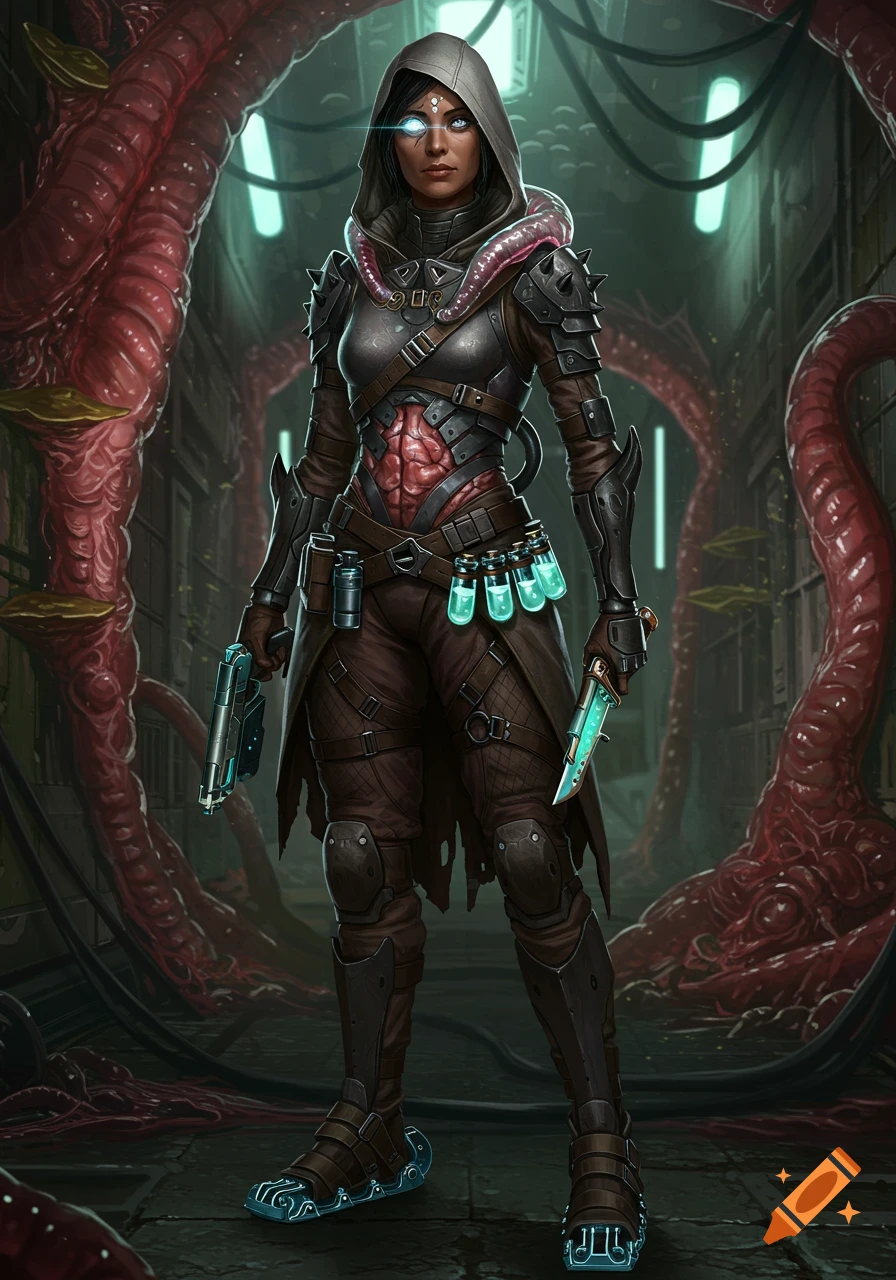 A female freelancer in a hooded cloak and bio-armor stands in a dark biopunk sci-fi environment with fleshy tubes.