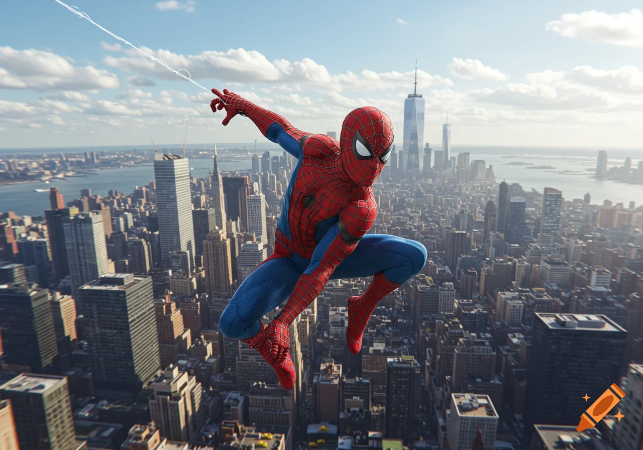 Spider-Man swings above a sprawling New York City skyline on a clear day, captured in a photorealistic 3D render.