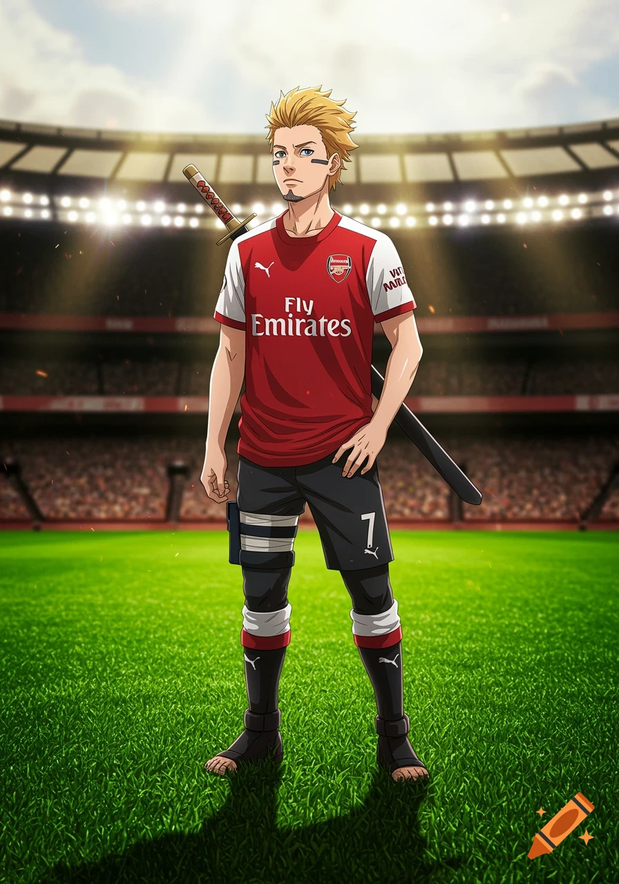An anime character, Omoi from Naruto, wearing a red and white Arsenal soccer jersey and black shorts, standing on a green soccer field in a stadium.