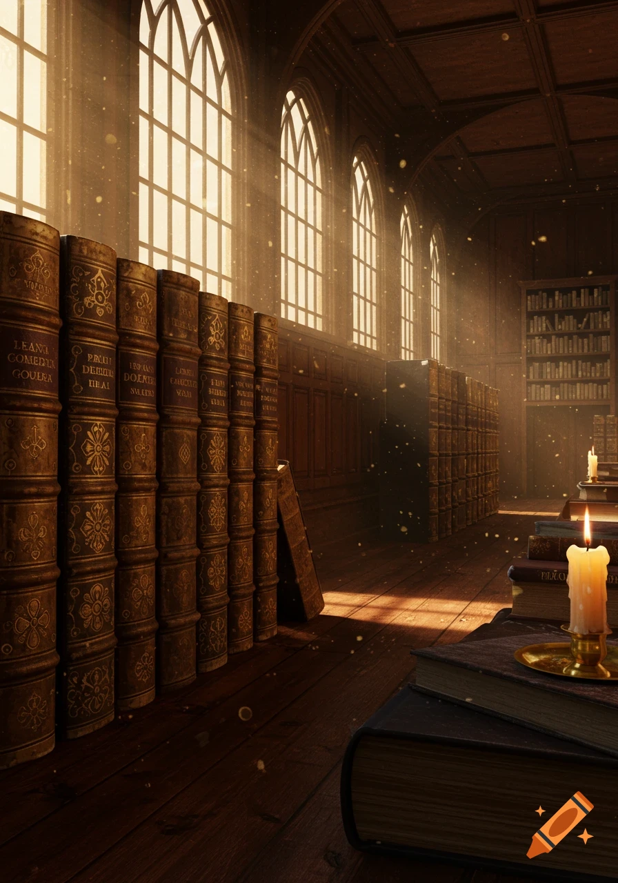 A grand, old library with tall arched windows streaming sunlight and dust motes. Rows of antique, leather-bound books line the shelves, with a lit candle on a stack of books in the foreground.