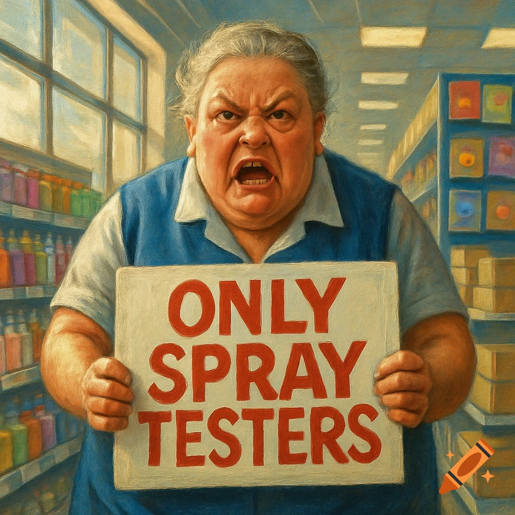 An angry, plump, grey-haired retail worker in a store holds a sign that reads "ONLY SPRAY TESTERS" in a painted style.