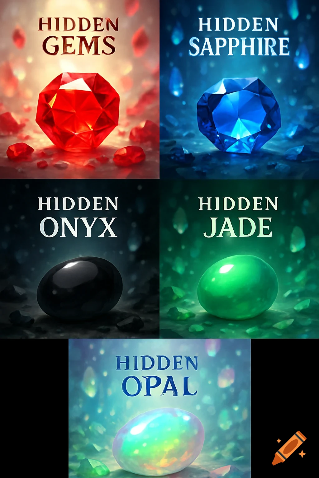 Five panels, each showing a different gemstone (ruby, sapphire, onyx, jade, opal) with "HIDDEN" and the stone's name, set against a sparkling, color-themed background.