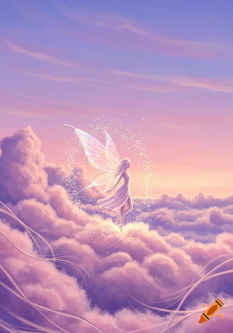 A luminous fairy with iridescent wings and a white dress floats among pastel purple and pink clouds at sunset, surrounded by shimmering light.