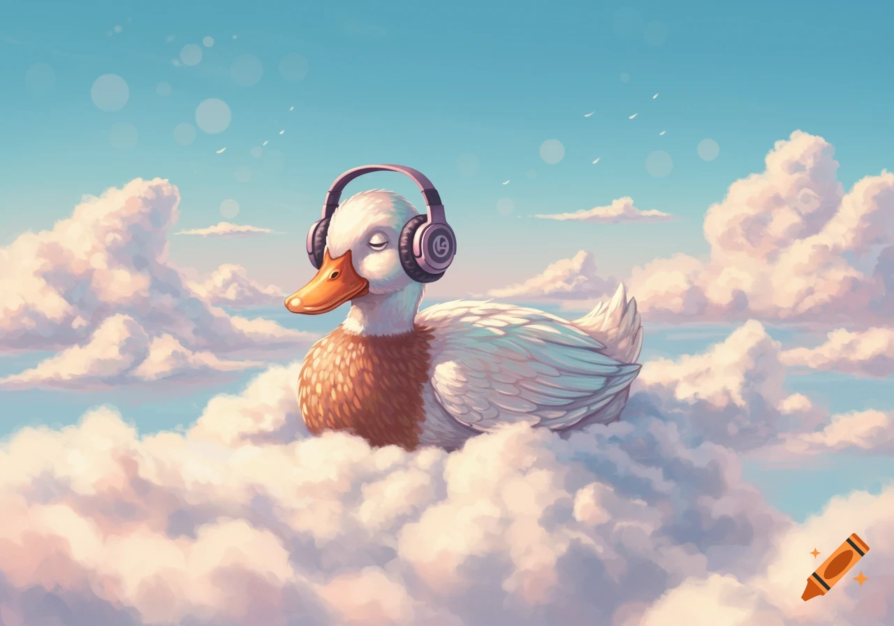 A whimsical illustration of a white duck wearing purple headphones, floating peacefully on fluffy clouds under a clear blue sky.