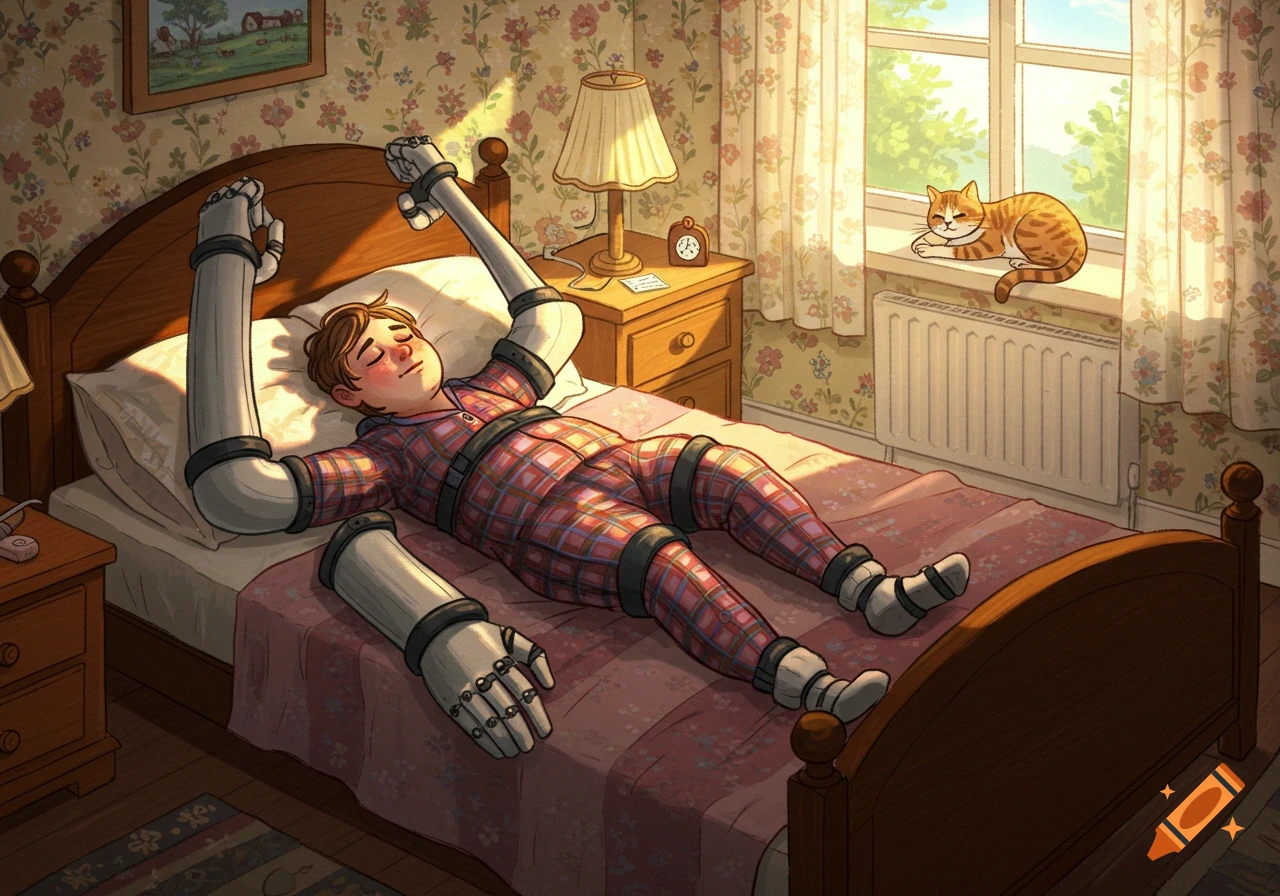 A cartoon illustration of a boy with oversized robotic arm and leg braces sleeping in a bed, with a cat resting on the windowsill in the morning sun.