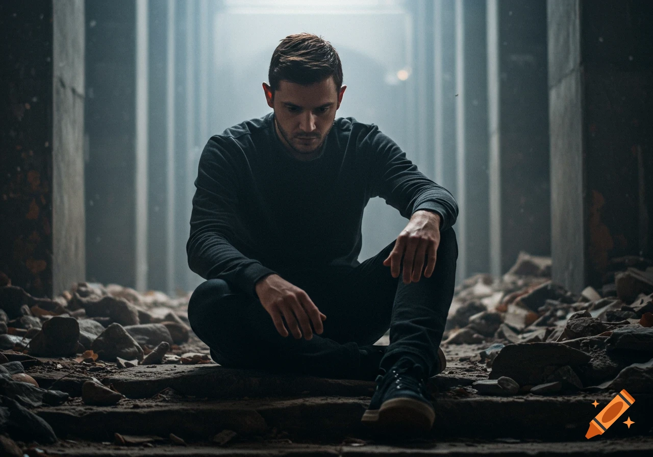 A photorealistic image of a man sitting alone amidst rubble in a dark, abandoned building with light filtering through the roof.