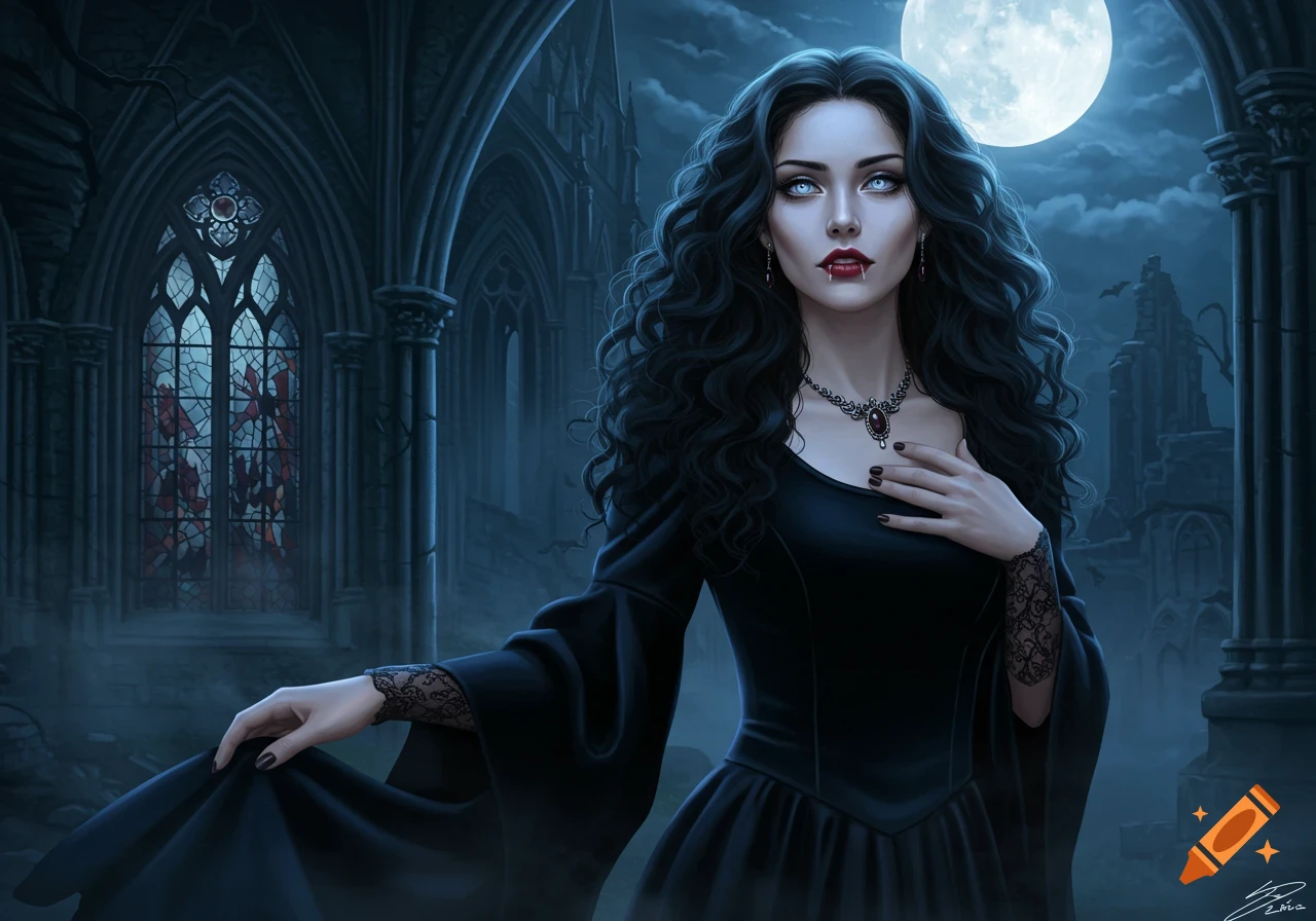 A beautiful pale vampire woman with long dark hair, fangs, and glowing eyes in a black gothic dress stands in a dark castle under a full moon.