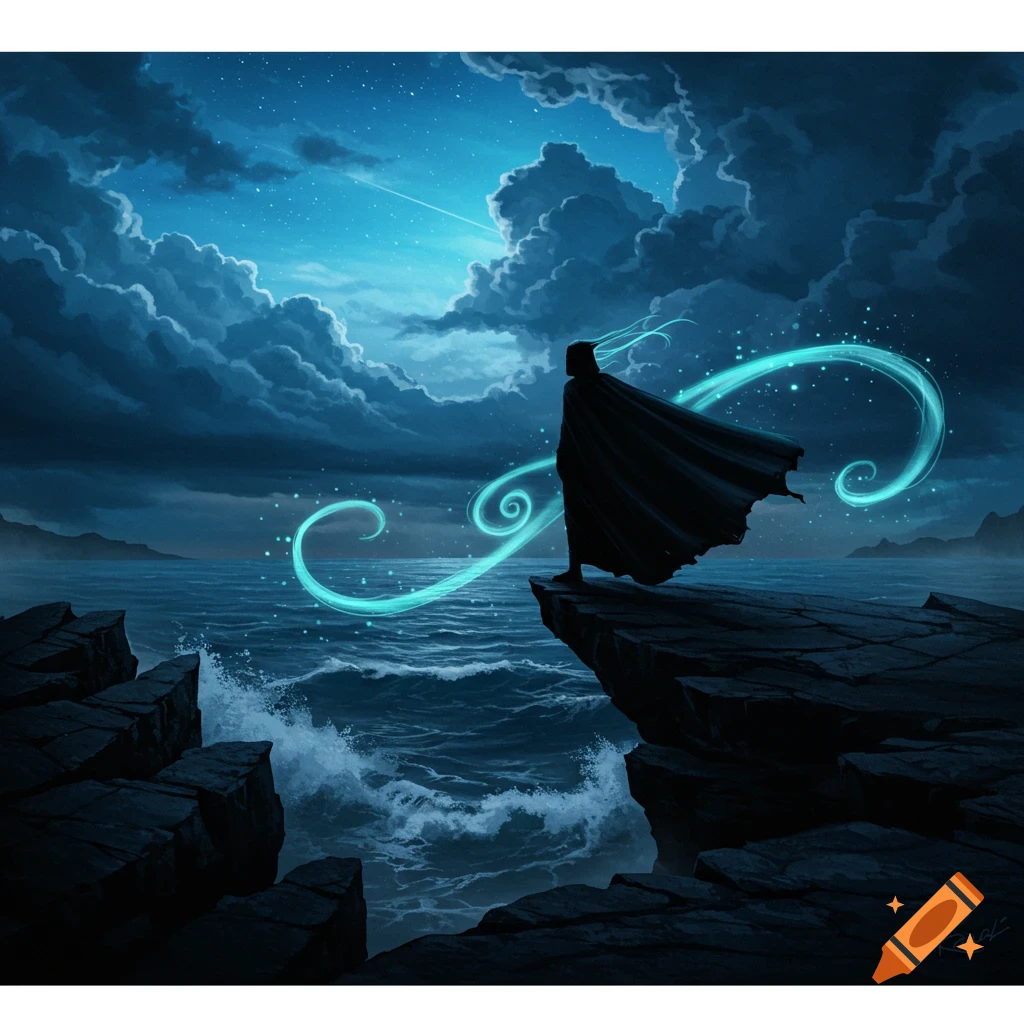 A cloaked figure stands on a cliff overlooking a stormy sea under a starry night sky, with glowing blue magic swirling around them.