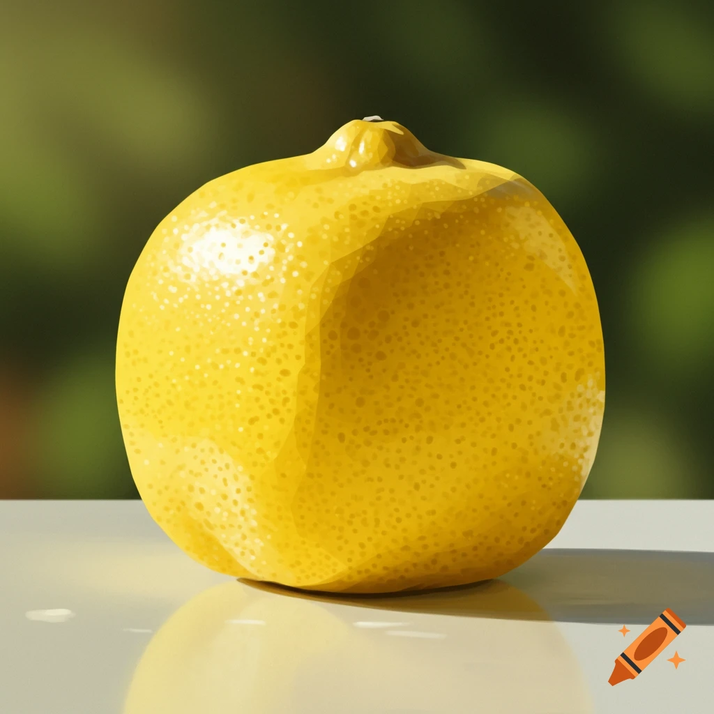 A close-up, photorealistic image of a single yellow lemon sitting on a white surface with a soft green background.