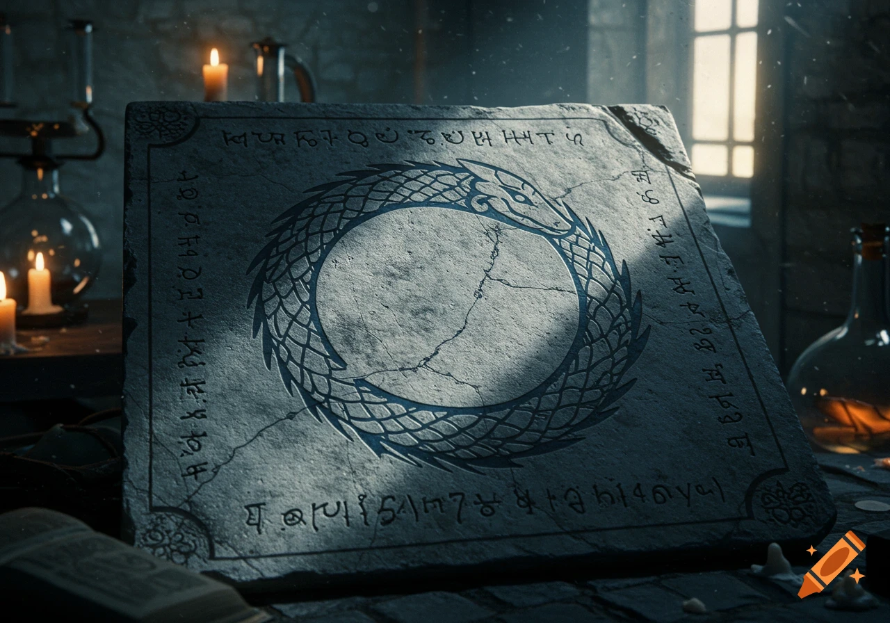 A weathered stone tablet featuring a blue Ouroboros symbol and unreadable ancient script, resting in a dimly lit, candlelit room.