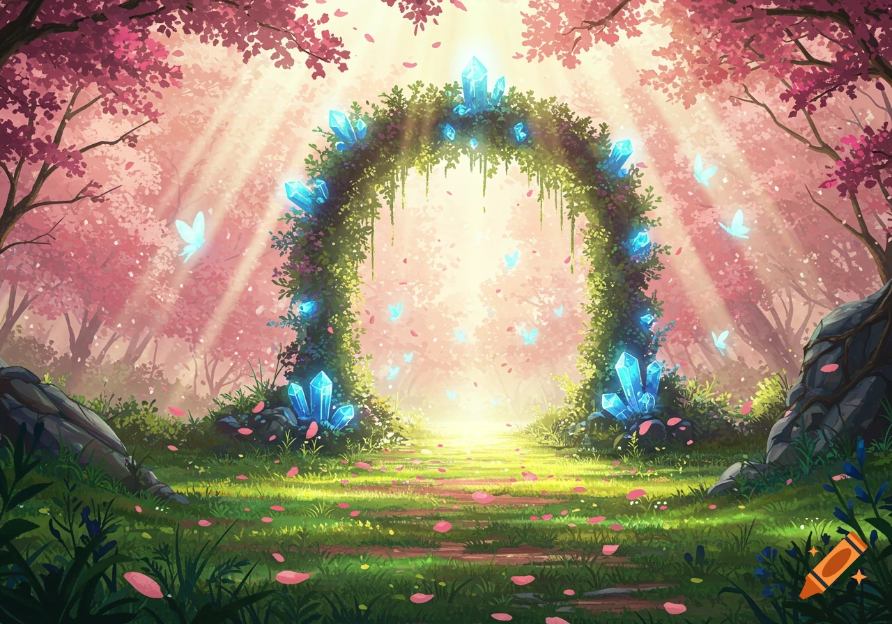 A vibrant anime fantasy forest with a glowing arch of greenery and blue crystals, pink cherry blossoms, light rays, and glowing butterflies.