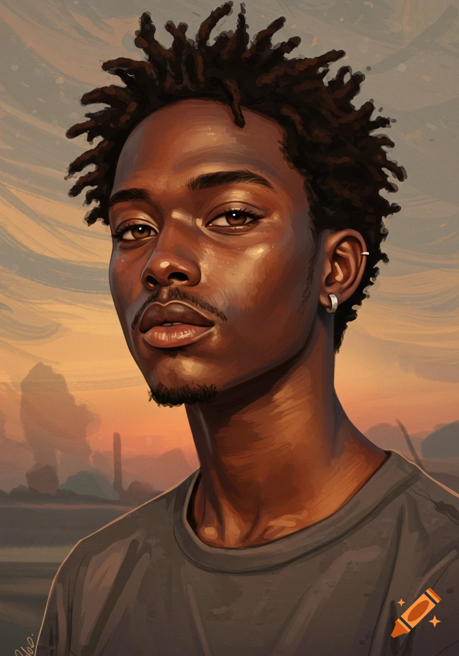 A close-up, painterly portrait of a young Black man with dreadlocks looking at the viewer against a warm, hazy sky.