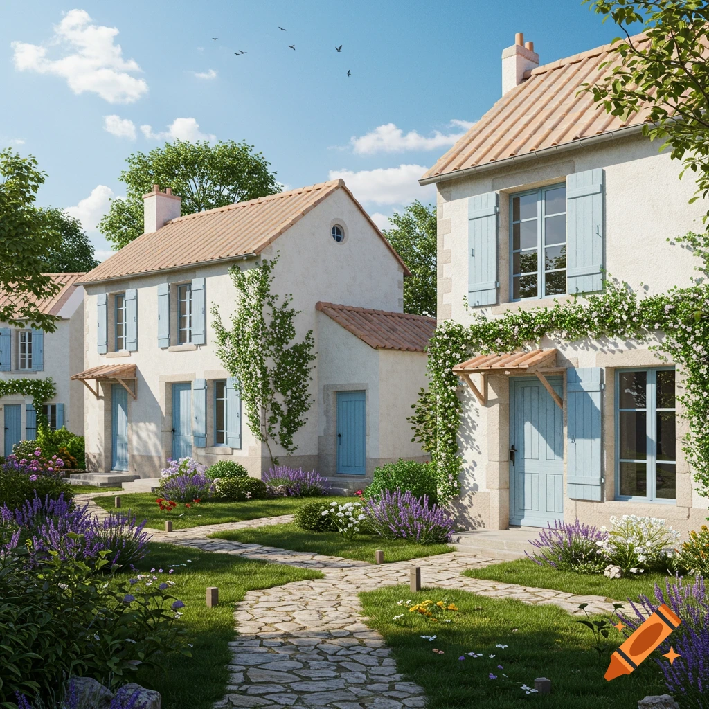 Photorealistic image of French country farmhouses with white walls, light blue shutters, and brown roofs, surrounded by lush purple and green gardens and stone paths under a clear sky.