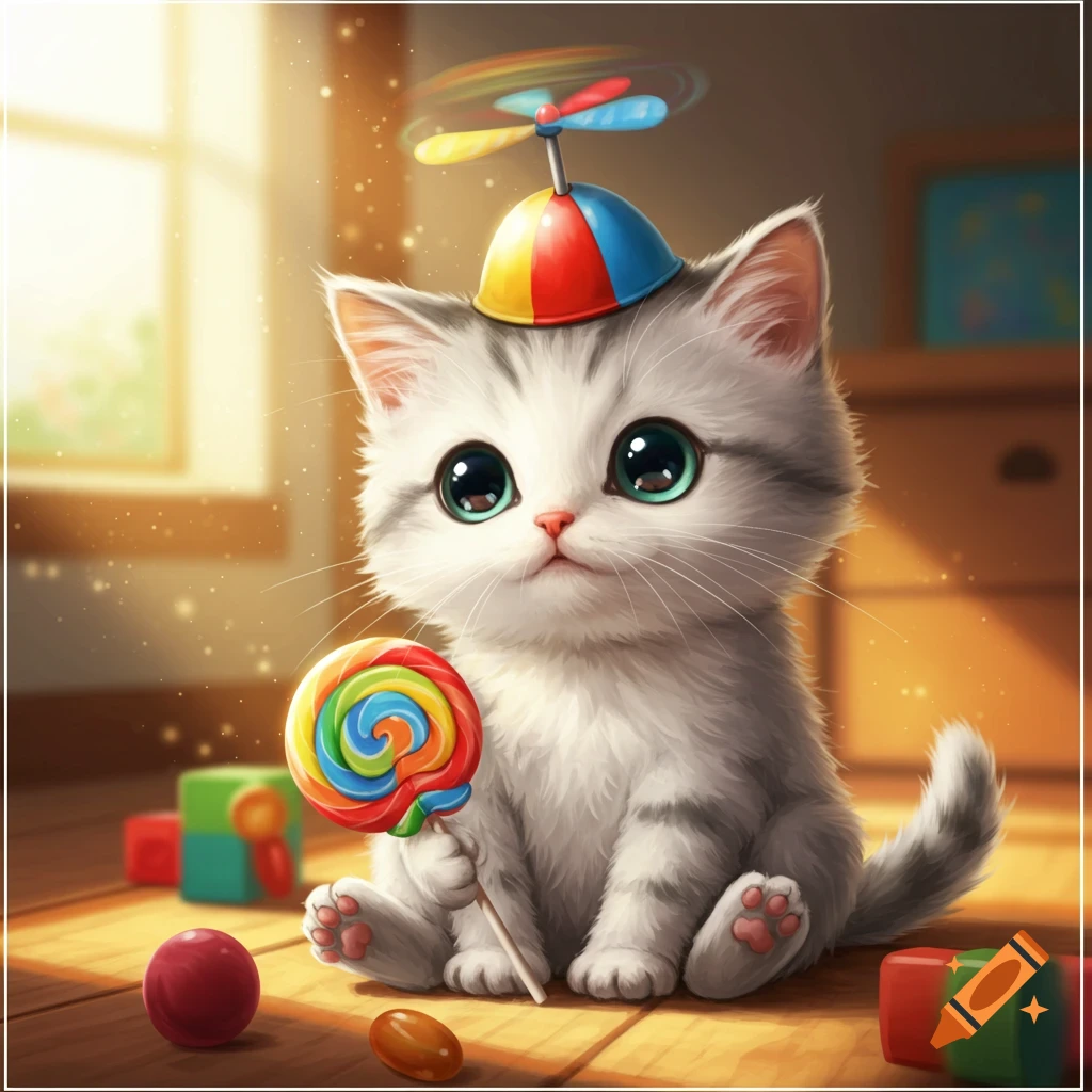 A cute gray and white kitten with large eyes wears a propeller hat and holds a colorful lollipop on a wooden floor.